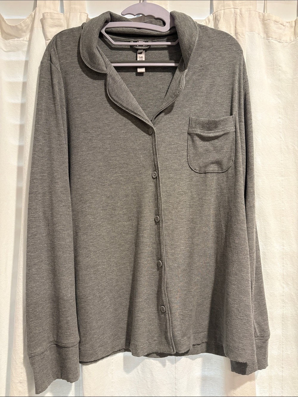 Skims Soft Lounge Sleep Pajama Shirt Ribbed Pocket Button Front Gray Medium M